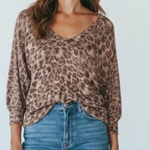 Inc Animal print sequin knit lightweight sweater quarter sleeve Glam Loungewear